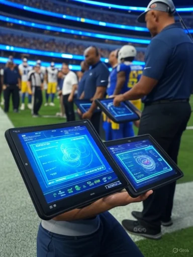 Coaching staff on a football field view tactical data on two tablet screens.