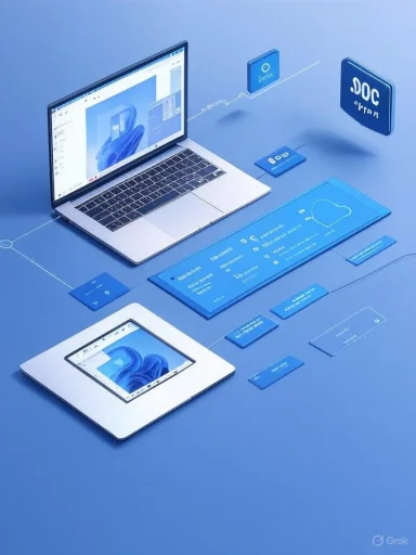 Blue-toned tech setup with a laptop, tablet, and floating digital UI panels.