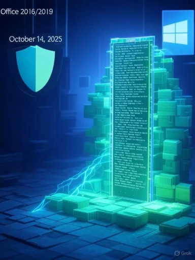 Futuristic cyber-security scene with a glowing data tower and shield icon.