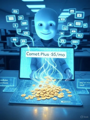 A blue humanoid robot watches a laptop pouring coins into a growing pile.
