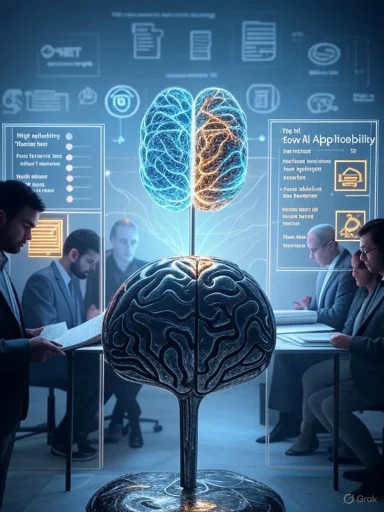 A glowing dual-brain model hovers above a table as colleagues discuss AI research.