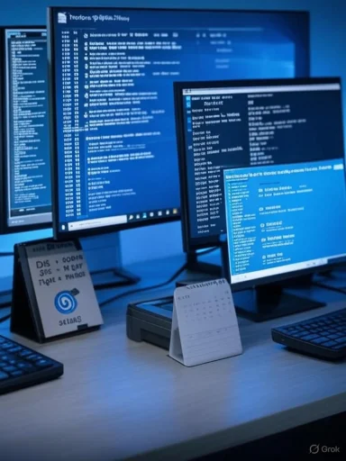 A multi-monitor computer setup with blue terminal windows and calendars on the desk.