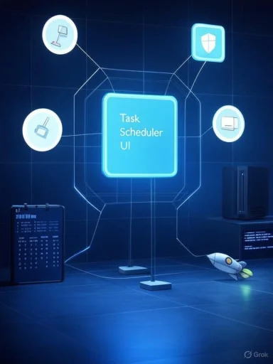 Blue neon diagram of a Task Scheduler UI connected to icons in a high-tech lab.