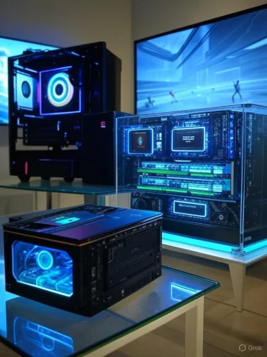 A futuristic gaming PC setup with blue LED-lit transparent cases and a glowing monitor.