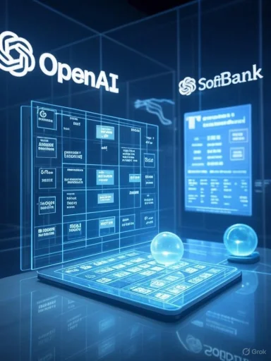A futuristic blue holographic display featuring OpenAI and SoftBank logos.