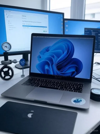 A MacBook Pro on a desk with two large monitors and mechanical gear props.
