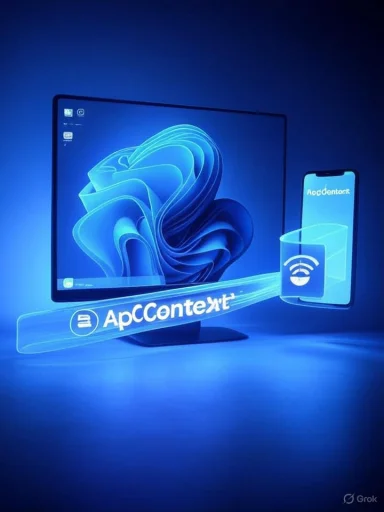 Blue holographic display featuring a monitor and smartphone with AppContent branding.