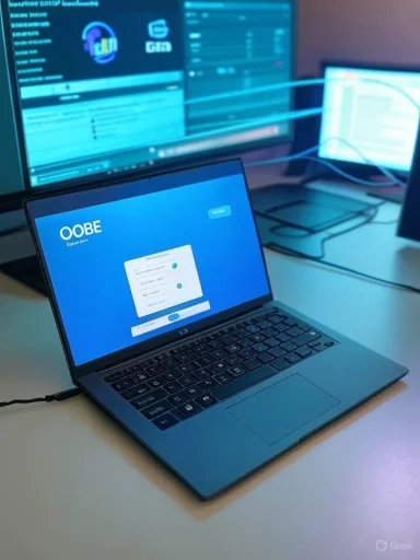 Laptop displaying an OOBE screen in a multi-monitor tech workspace.