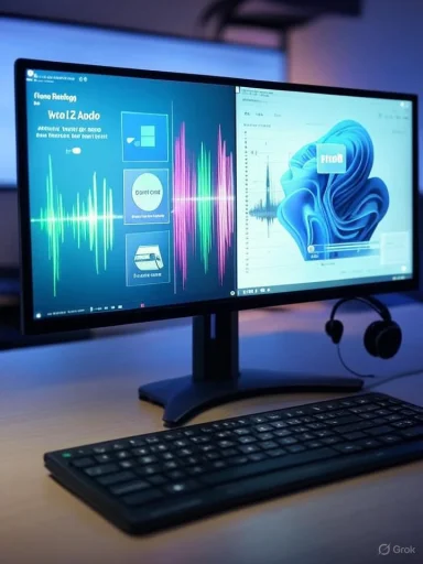 Desk setup with a wide monitor displaying colorful audio visualizations and a keyboard with headphones.