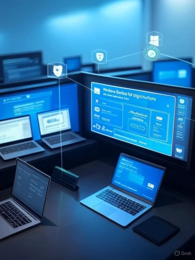 A high-tech workspace with multiple laptops and a large monitor displaying blue holographic interfaces.