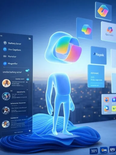 A glowing blue humanoid figure stands on a flowing blue base among floating app icons.