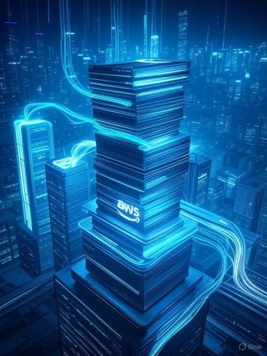 Futuristic cityscape with glowing blue data towers linked by neon cables.