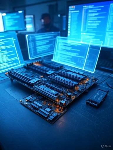 A motherboard on a desk surrounded by glowing blue monitors displaying code.
