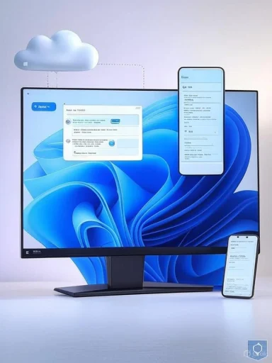Wide monitor and smartphone display synced apps with a cloud icon above.