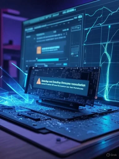 A futuristic desk with an exposed circuit board and neon-blue screens displaying graphs.