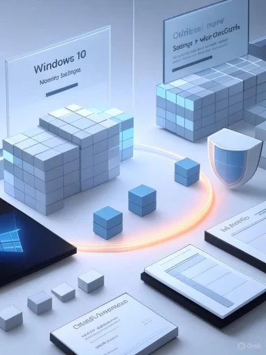 A futuristic 3D infographic showing Windows 10 blocks, a security shield, and data dashboards.