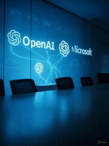 A blue-lit conference room with OpenAI and Microsoft logos on a glass wall.