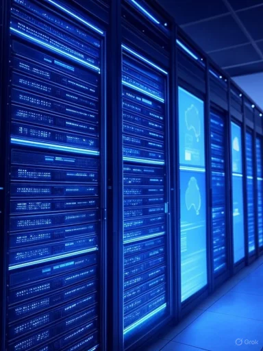 Rows of blue-lit server racks in a data center.