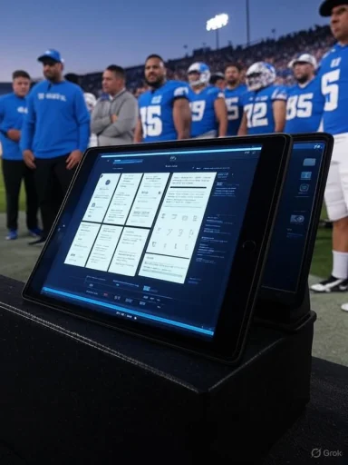 A tablet on a stand on a football field with players in blue jerseys lined up behind.