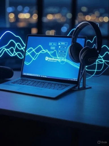 A laptop on a desk with neon blue waveform graphics and a pair of headphones on a stand.