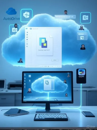 A futuristic cloud-based workspace with floating app icons and avatars around a glowing cloud.