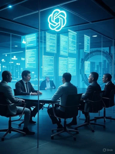 Executives sit around a glass-walled conference table in a blue-lit boardroom beneath a glowing knot logo.
