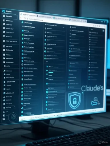 Blue-tinted monitor shows a dark, multi-column dashboard with icons and a shield emblem.
