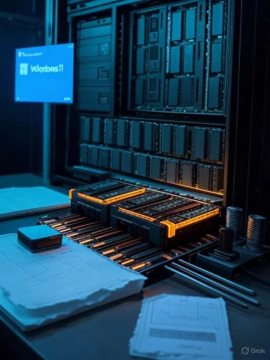Blue-lit data center with a server rack, RAM modules, and scattered desk documents.