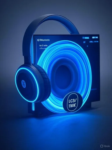 Blue LED gaming headset with glowing neon rings sits in front of a monitor.