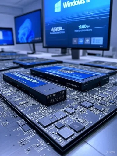 Close-up of NVMe SSDs mounted on a motherboard in a tech lab with Windows 11 displays.