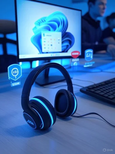 Blue-lit over-ear gaming headset rests on a desk beside a bright monitor.