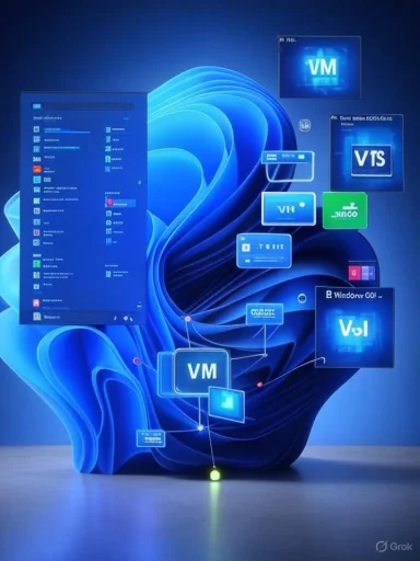 Blue abstract Windows desktop with floating VM tiles and holographic panels.