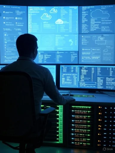 A technician monitors data on multiple blue dashboards in a data center.