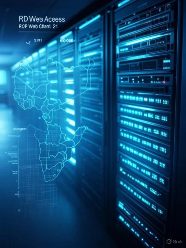 Blue-lit data center with server racks and a digital Africa map overlay.