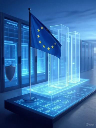 European Union flag atop a futuristic holographic data center.