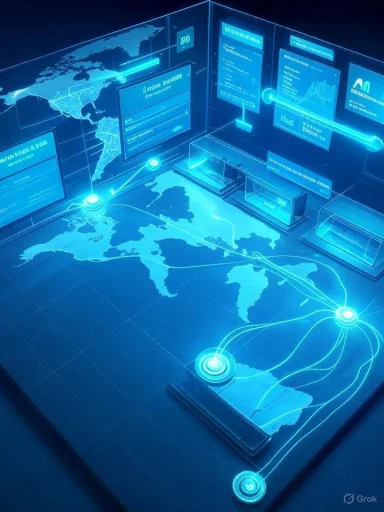 A blue holographic world map with glowing data nodes and multiple screens in a high-tech control room.