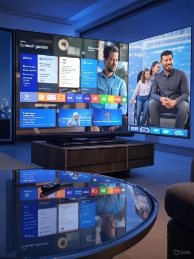 Two curved TVs in a modern living room display a blue app dashboard on the left and a family portrait on the right.