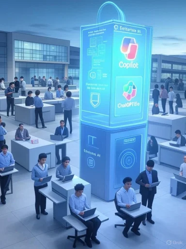 A futuristic office with dozens of employees at desks surrounding a glowing blue Copilot AI display tower.