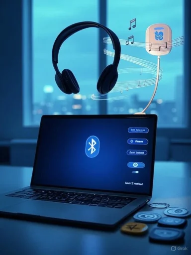 Laptop shows Bluetooth settings as wireless headphones float above with musical notes.