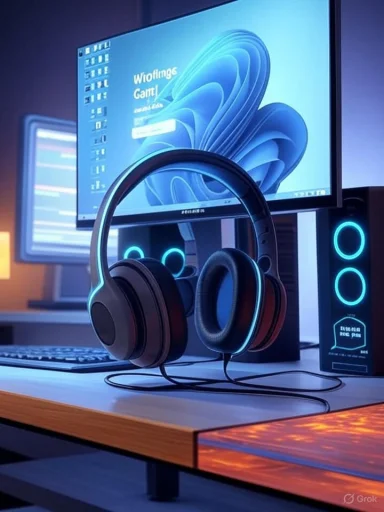 Blue-lit gaming setup with over-ear headphones on a desk in front of a bright monitor and neon PC tower.
