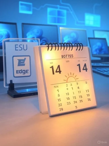 A backlit desk calendar displaying the date 14 sits in a blue, high-tech workspace beside an ESU Edge sign.