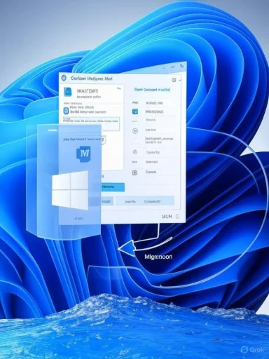 Windows 11 desktop with a floating window over a blue abstract wallpaper.