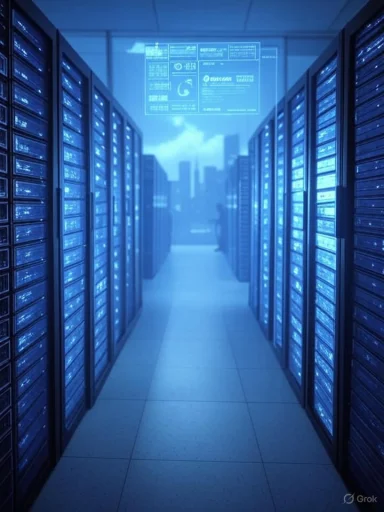 Blue-lit data center with rows of server racks and a holographic display overhead.