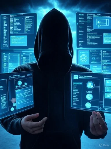 A hooded figure surrounded by glowing holographic screens displaying code.