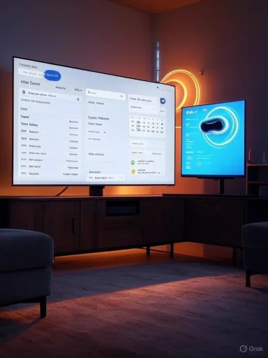 A modern living room with a large wall-mounted screen showing a dashboard and a blue secondary monitor, orange glow.