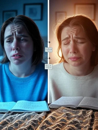 Split-screen of a woman reading a notebook; blue-tinted stress on the left, warm relief on the right.