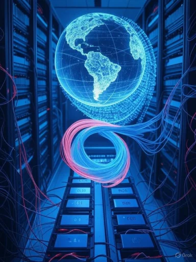 A futuristic data center with a glowing holographic globe above rows of servers and tangled cables.