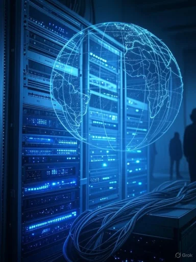 Blue-lit data center servers with a holographic globe overlay.