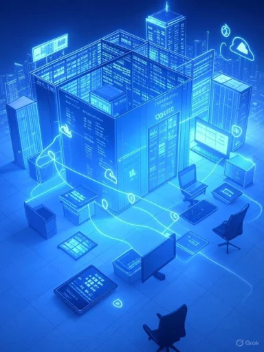 Futuristic blue neon data center with glowing servers, workstations, and cloud icons. Futuristic blue neon data center with glowing servers, workstations, and cloud icons.