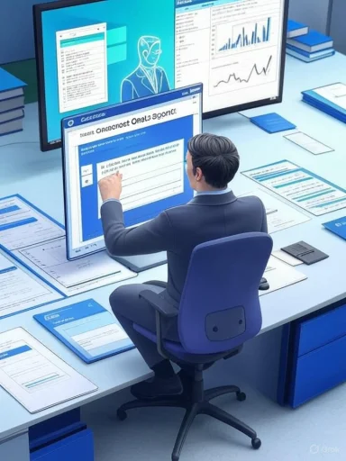 A businessman works at a cluttered desk with several screens displaying charts and forms. A businessman works at a cluttered desk with several screens displaying charts and forms.